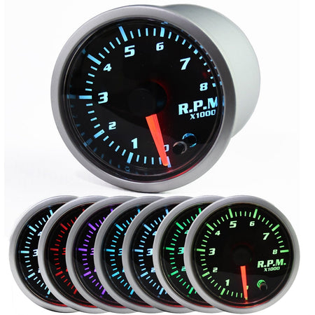 Universal 2'' 52mm RPM Gauge, 7 Color 8,000 RPM Tachometer Gauge -Smoked Lens Tacho Gauge for Car