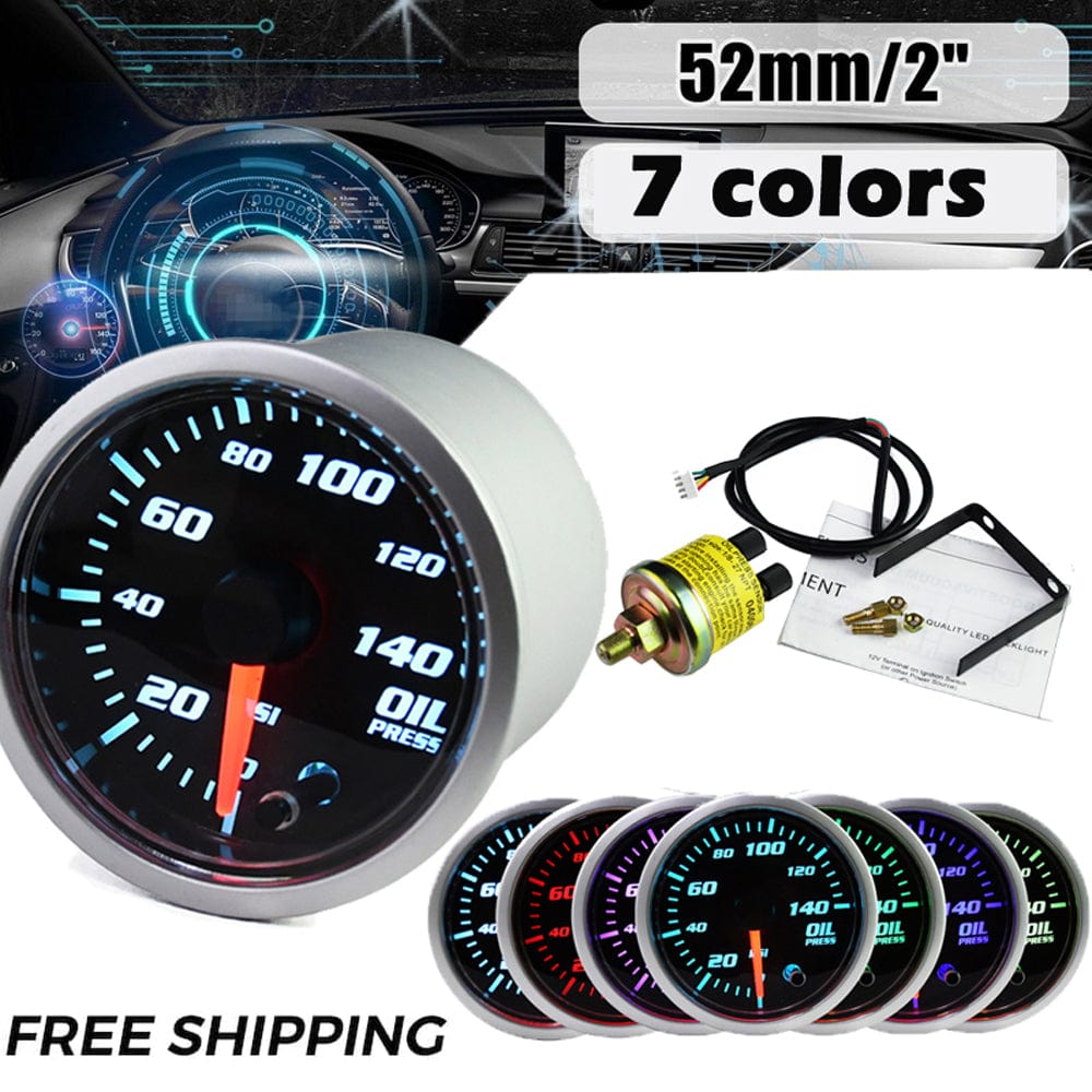 MotorbyMotor 2" (52mm) Electronic Oil Pressure Gauge Kit -7 Color 140PSI Digital LED Display PSI Oil Press Gauge