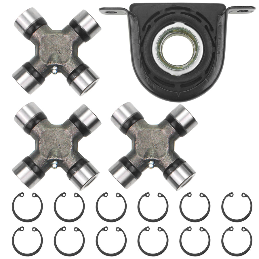 A driveshaft assembly kit featuring three universal joints and a center bearing, along with multiple retaining rings. The components are essential for maintaining the performance and durability of vehicle driveshaft systems.