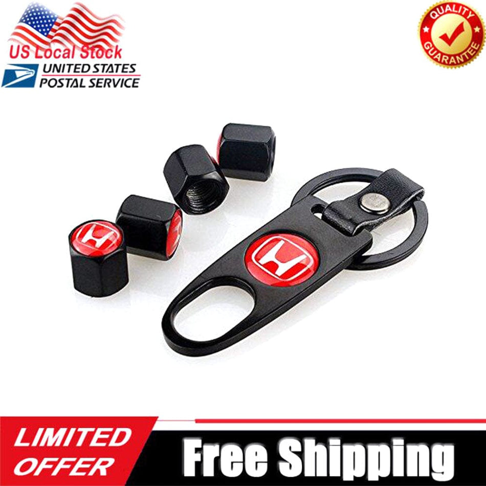 WHEEL TIRE VALVE DUST STEMS AIR CAPS + KEYCHAIN WITH HONDA LOGO EMBLE TTV-H-RED