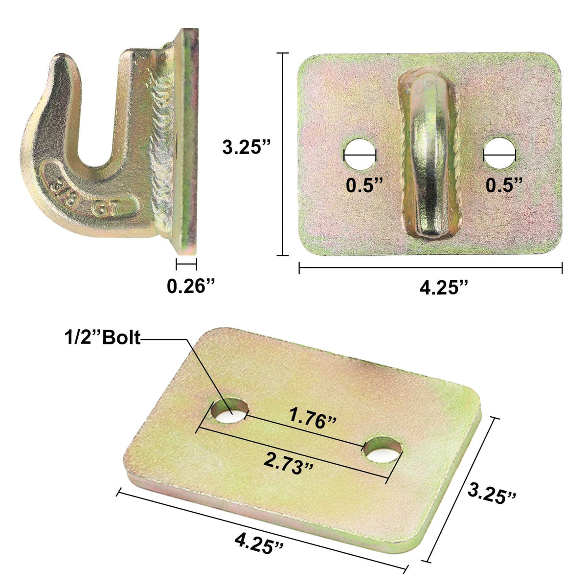 Robbor Grab Hook 3/8 in Bolt-on Grab Hook Grade 70 Forged Steel Tow Hook Work Well for Tractor Bucket, RV, UTV,Truck with Backer Plate and Hardware -2 PK