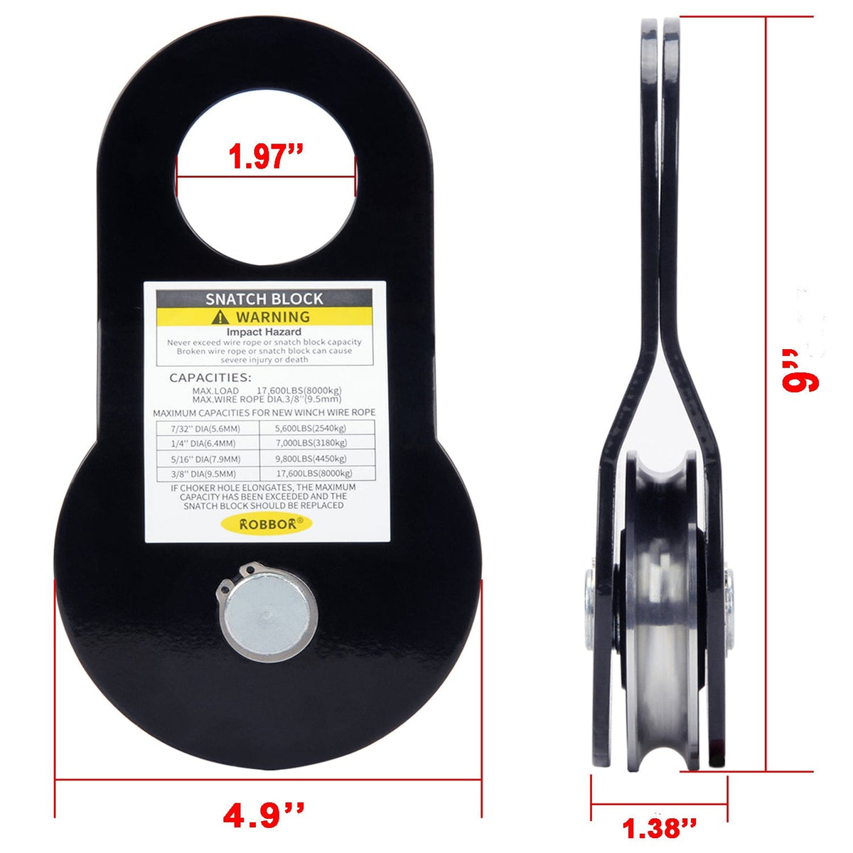 Robbor Snatch Block Heavy Duty Winch Pulley Block, 17,600LBS Capacity Fit Off-Road Jeep Truck UTV ATV Winch Recovery, Works for 7/32-3/8” Synthetic Rope Snatch Block for Winches