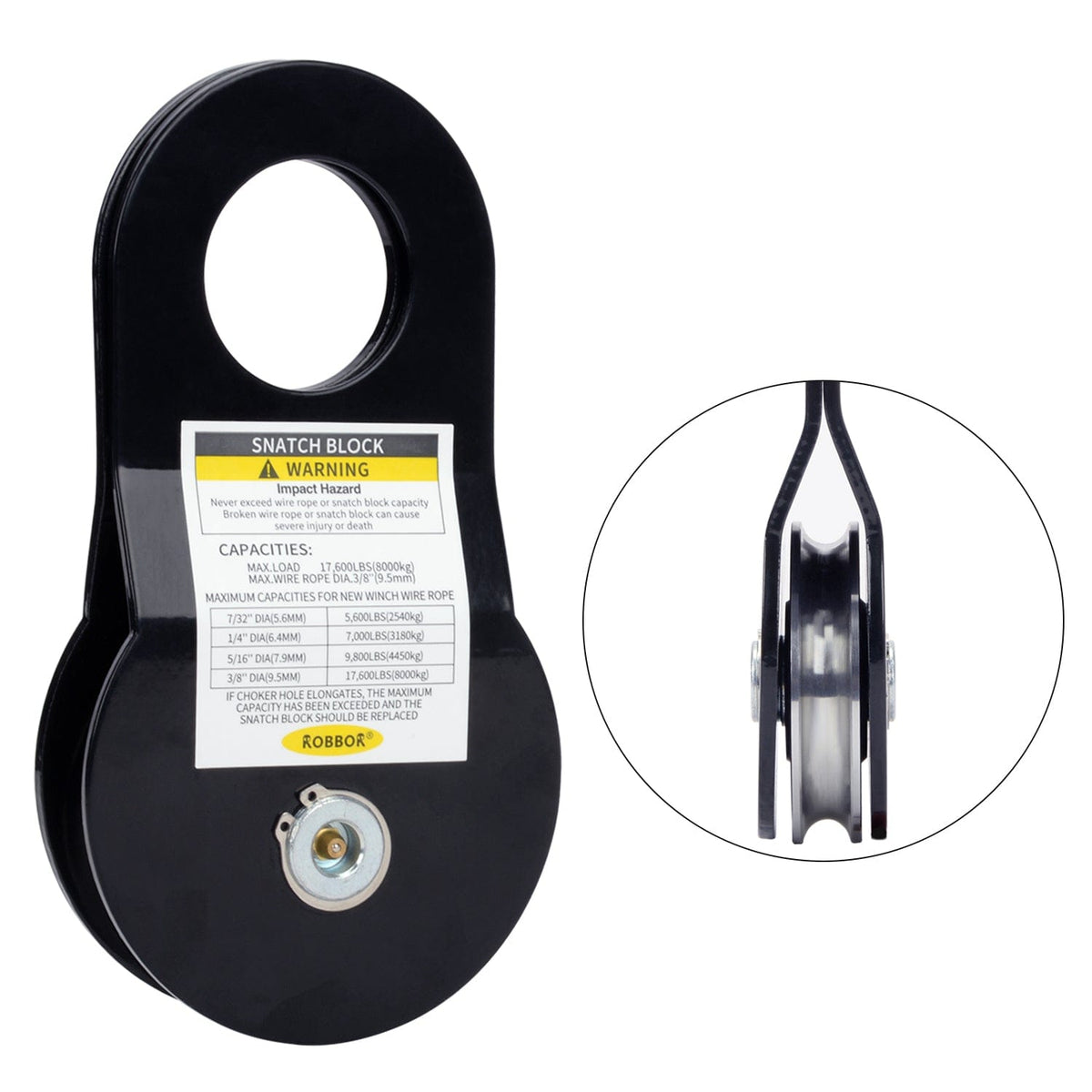 Robbor Snatch Block Heavy Duty Winch Pulley Block, 17,600LBS Capacity Fit Off-Road Jeep Truck UTV ATV Winch Recovery, Works for 7/32-3/8” Synthetic Rope Snatch Block for Winches