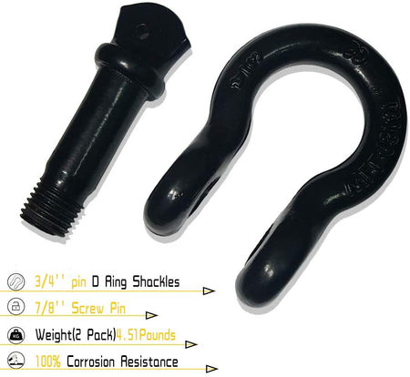 Shackles 3/4"(2 Pack) Robbor D-ring Shackle Rugged 28.5 Ton (57,000 Lbs) Maximum Break Strength 4.75 Ton (9500 lbs) Capacity-Heavy Duty Tow Shackles Perfect Jeep D Ring Shackles&Other Vehicle Recovery